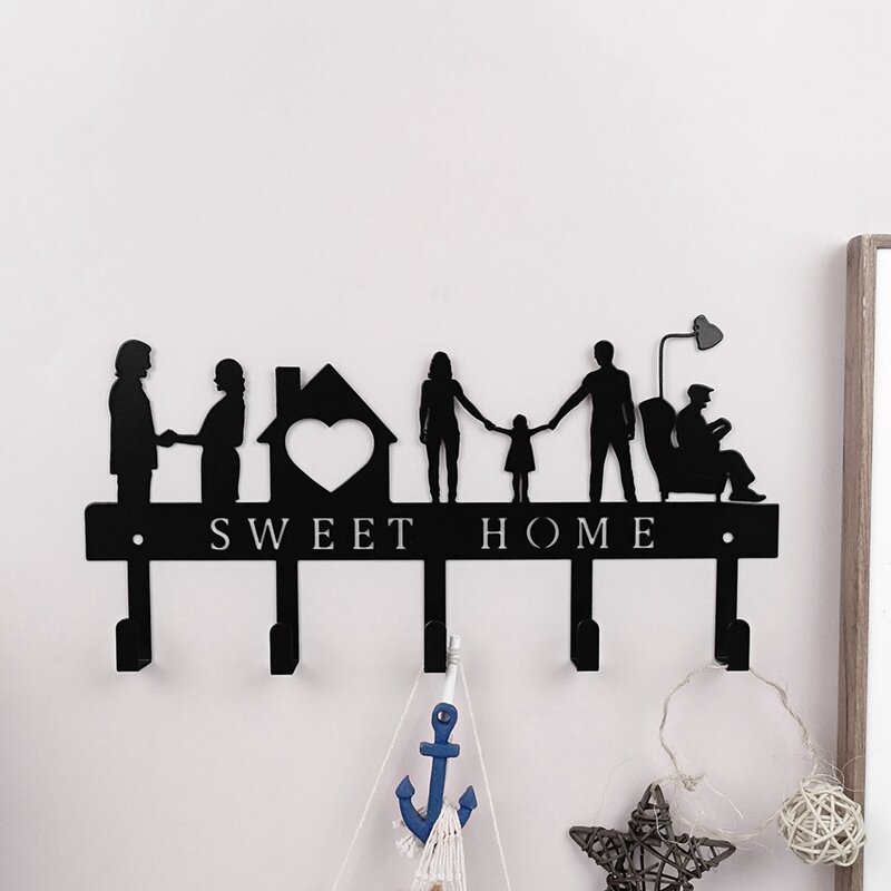 Porte-clés mural en métal pour balcon, crochets de rangement, cintres de cuisine, fer, Sweet Home, vêtements T1