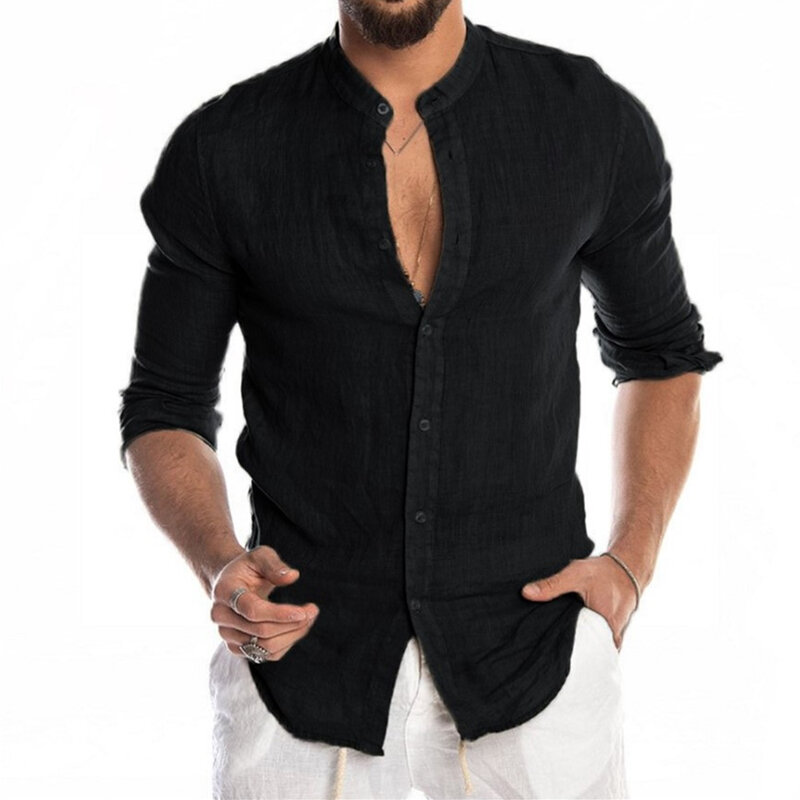 Camisas informales de lino y algodón para hombre, camisa de manga larga, botones de botonadura única, cuello levantado, Tops sólidos holgados, ropa masculina
