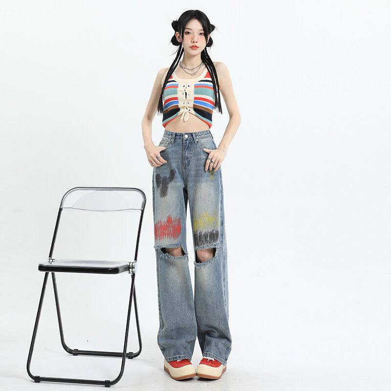여성용 잉크 무릎 천공 스트레이트 청바지, 좁은 하이 웨이스트 슬림 루즈 디자인, 하이 스트리트 와이드 레그 팬츠, 여름