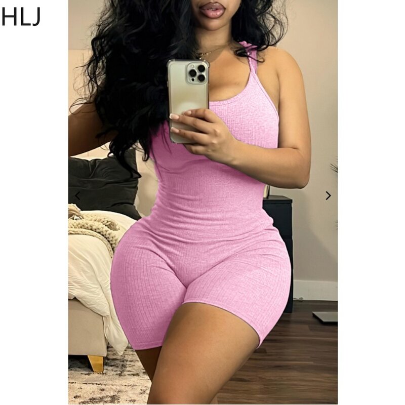 HLJ Summer New Solid Color Ribber Bodycon Sporty Rompers Women Round Neck Sleeveless Slim Jumpsuits Casual Female Jogger Overall