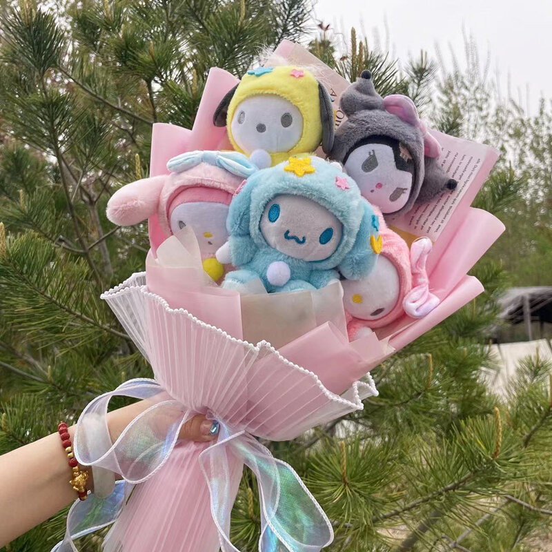 Sanrio Cartoon Plush Bouquet, Minha melodia, Kuromi Cinnamoroll, Kt Cat Doll Toy, Valentine, Presentes de Graduação, Presentes de Natal