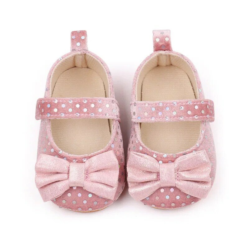 Zapatos de cuna para niña, calzado para recién nacido con lunares y lazo, suela de goma suave, planos, artículos para bebé, regalos para muñecas, marca de moda