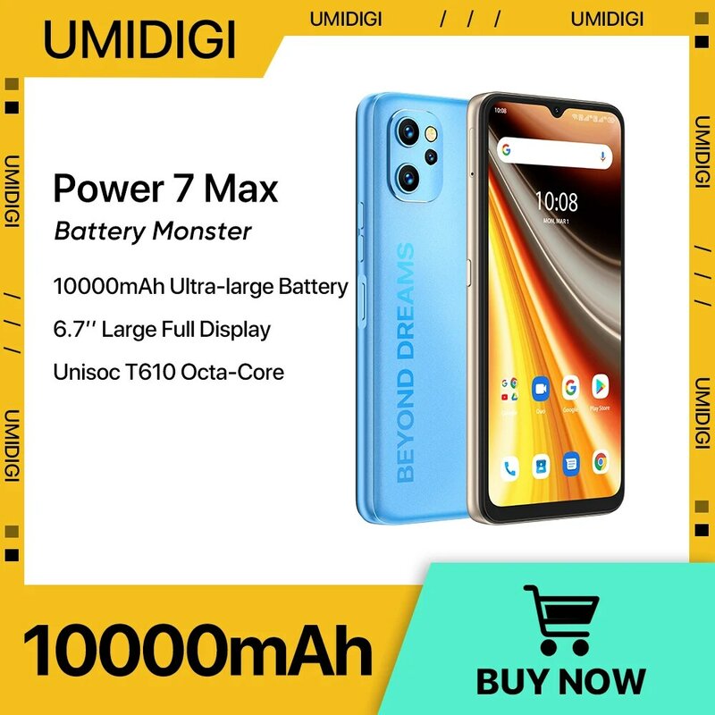 Umidigi power 7 max android 11 smartphone 10000mah unisoc t610 6gb 128gb 6.7 "display 48mp kamera nfc handy