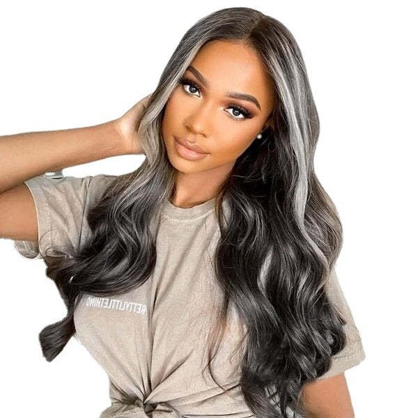Long Curly Body Wavy Wigs Ombre Black Gray Synthetic Wig Middle Part Heat Resistant Straight Fashion Wigs