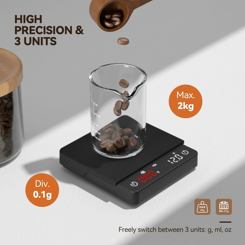 Кофейные весы с таймером, высокоточные кухонные весы, весы для эспрессо с автоматической тарой, сенсорный датчик, 4,4 фунта/2 кг