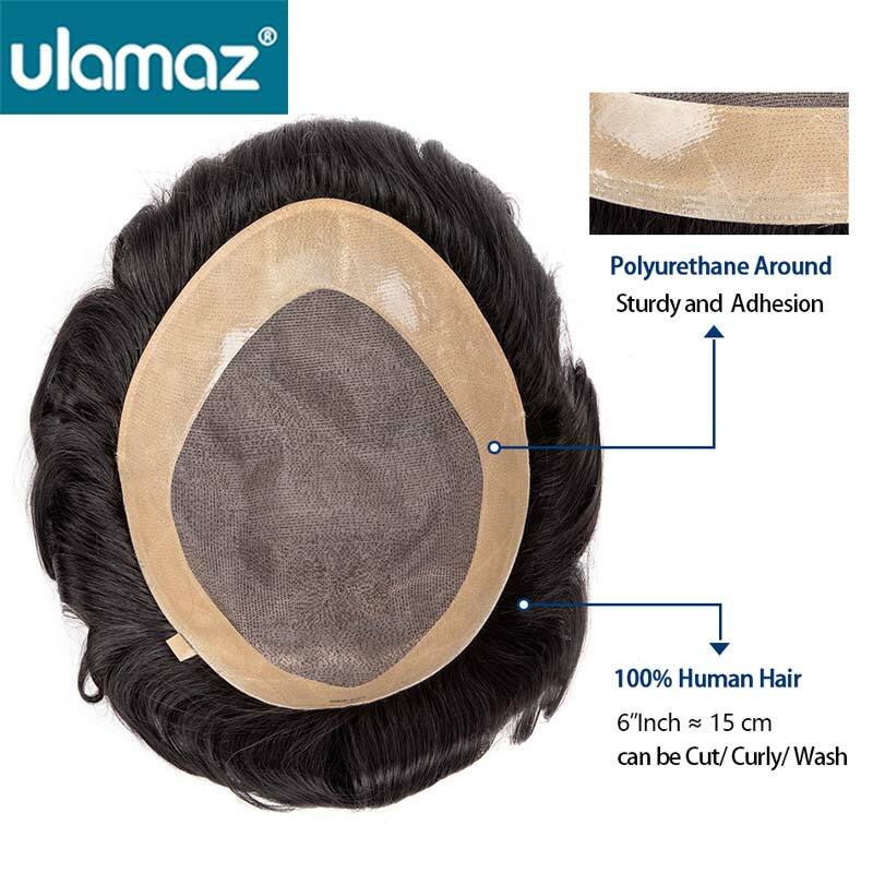 Wig pria tahan lama prostesis Mono halus Wig pria rambut manusia 6 inci Wig untuk pria Unit sistem pengganti rambut alami