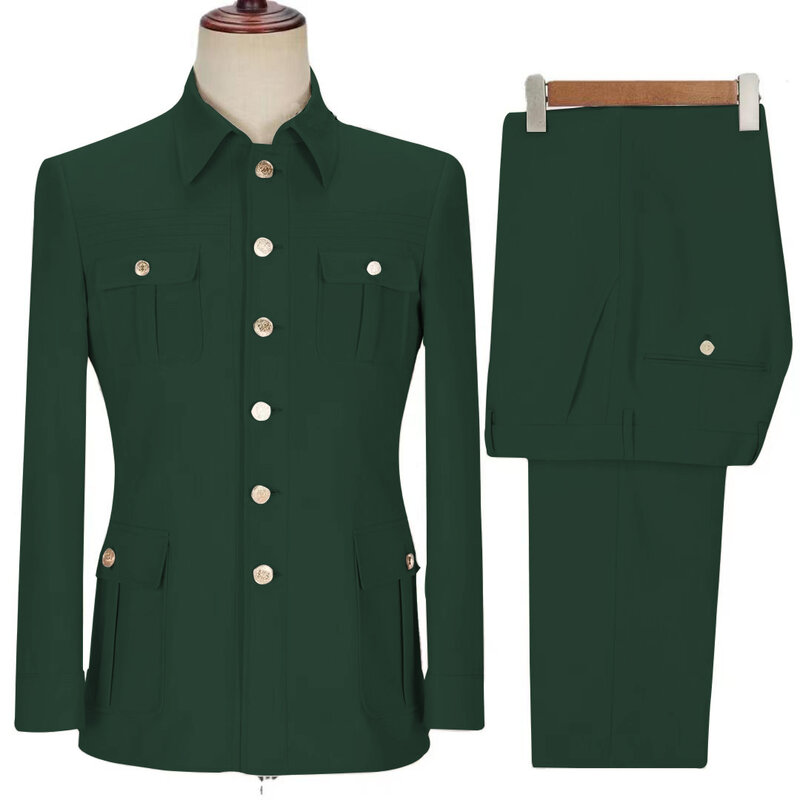 Abito da uomo 2 pezzi colletto quadrato con bottoni verde scuro su misura giacca da lavoro ufficiale formale Casual da lavoro con pantaloni