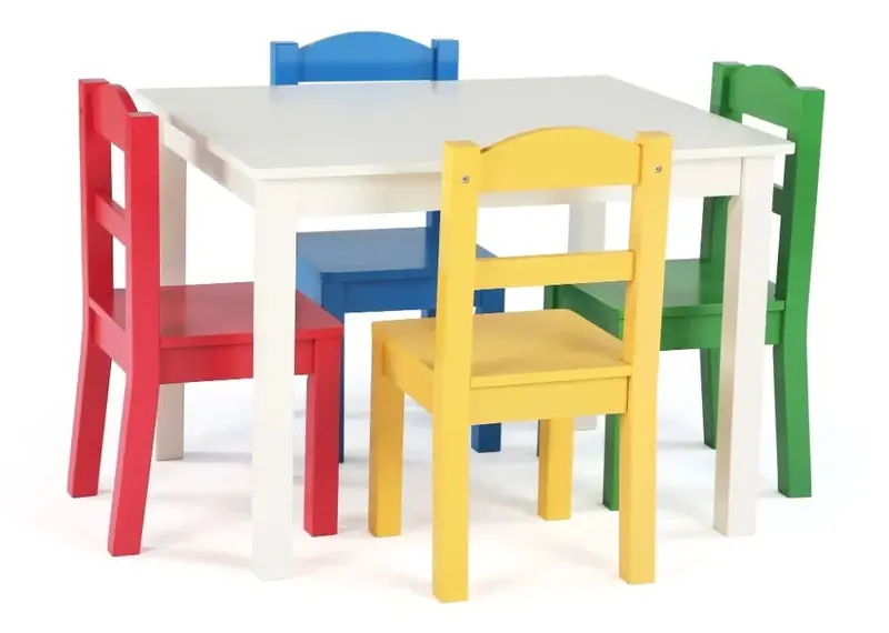 Juego de mesa y 4 sillas de madera para niños, blanco y primario, colección
