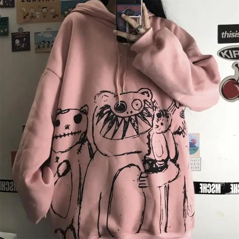 Harajuku Super Hot Animation Graffiti Hoodie frauen Japanischen Kawaii College Sweatshirt Mantel Plüsch Winter Warme Pullover Mantel