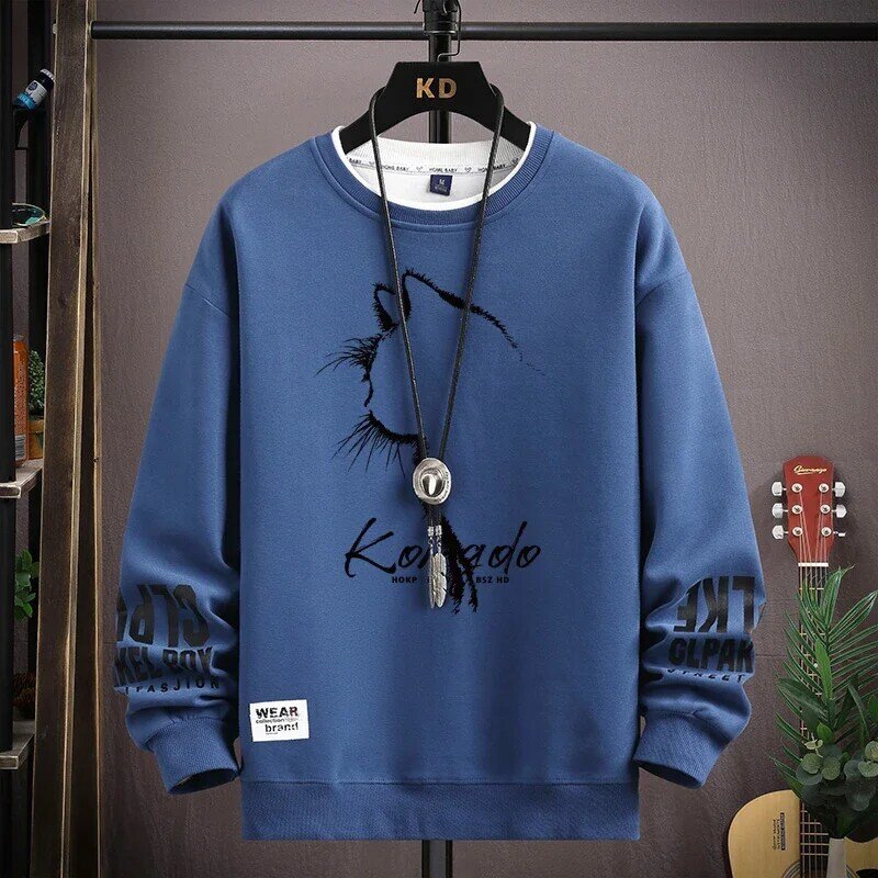 Sudadera con estampado de gato para hombre, camiseta de manga larga con boceto, ropa de moda, Top de diseño exclusivo Harajuku, cuello redondo negro, otoño