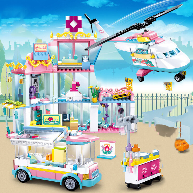 Sluban – kit d'ambulance pour filles, blocs de construction, thème médical, hélicoptère, hôpital, ville, véhicule