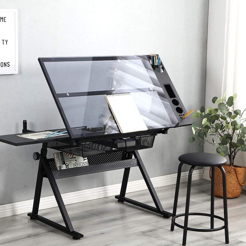 KAAYEE Premium rysunek szkic na stół z regulowaną wysokością, biurko do rysowania, do 72 ° schyłkowe szklanym wieczkiem stołek i szuflady