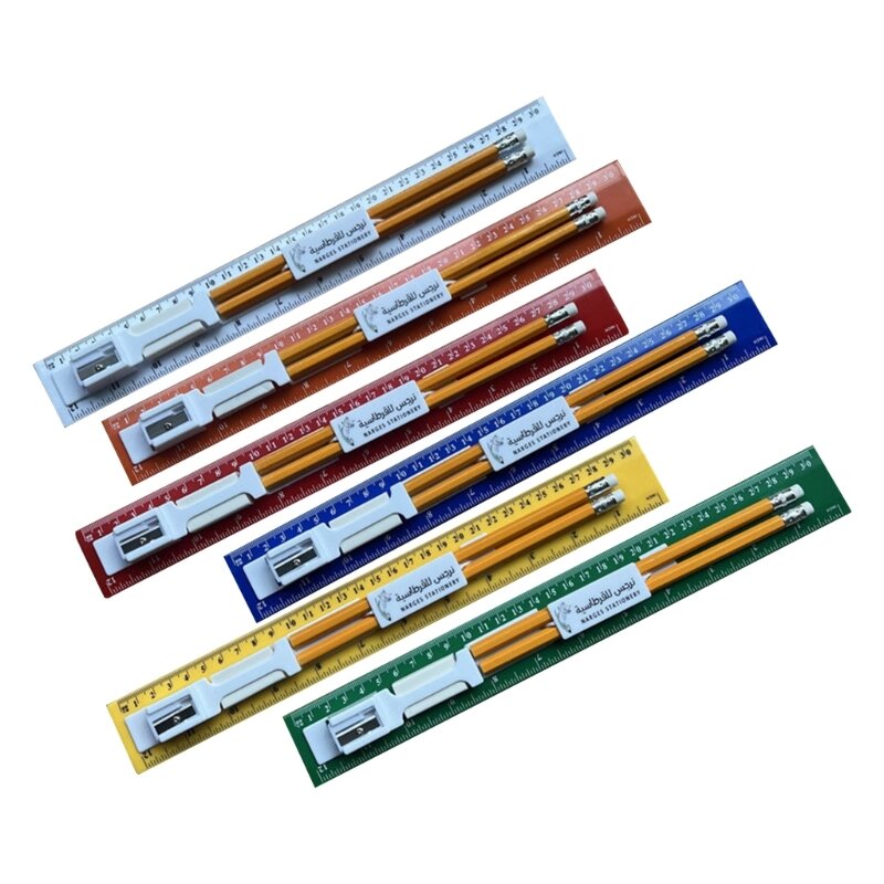 Colorful 30cm Ruler Set with Pencil Sharpener, Pencils and Erasers Perfect for School and Office