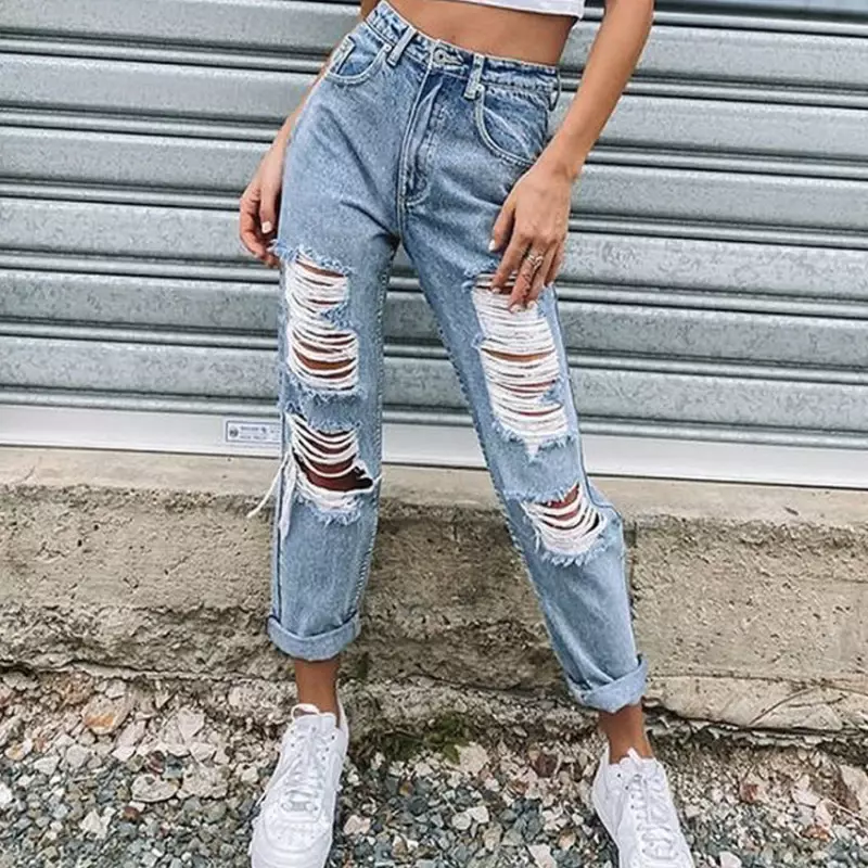 Dziewięciopunktowy porwane jeansy damski z elastyczną talią, luźny, koreański styl, średni i wysoki stan wszechstronny harem wiosna i lato