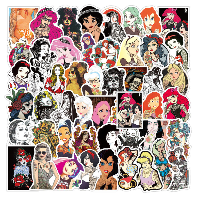 Impermeável Anime Princess Tattoos Adesivos, Cool Graffiti, Meninas, Braços Corporais, Skate, Laptop, Artsy Goth, Pacotes de Decalques, 10 Pcs, 30 Pcs, 50Pcs