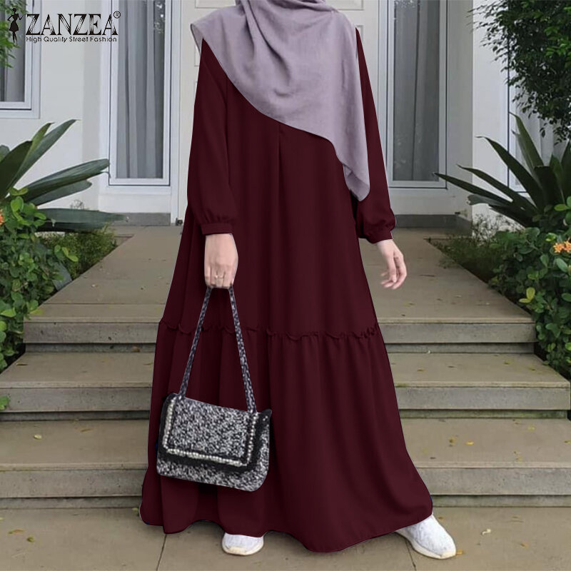 Długa sukienka ZANZEA kobiety elegancka sukienka z pełnym rękawem Casual luźna ubrania dla muzułmanów moda dubaj turcja Abaya hidżab sukienka