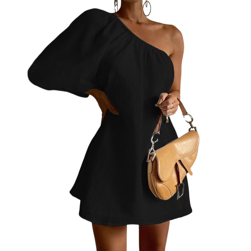 Женское короткое платье на одно плечо, однотонное хлопково-льняное платье с пышными рукавами, приталенное Привлекательное платье для выпускного вечера, 2024