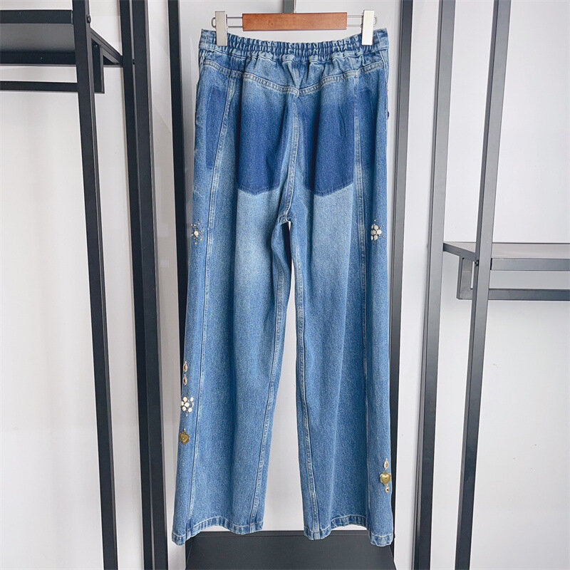 Женские джинсы с блестками и сердечками, длинные хлопковые брюки в стиле ретро с вышивкой и поясом на резинке, 2024