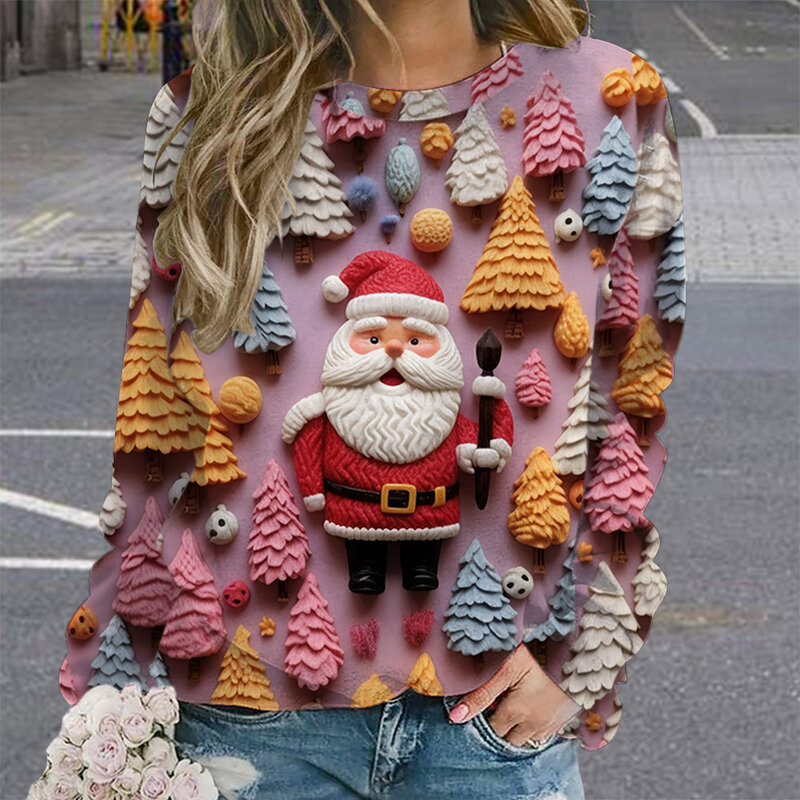 Neue Weihnachten Frauen T-Shirts Weihnachten Santa Claus Grafik Kleidung O-Neck Pullover übergroße Sweatshirt Damen Herbst kleidung