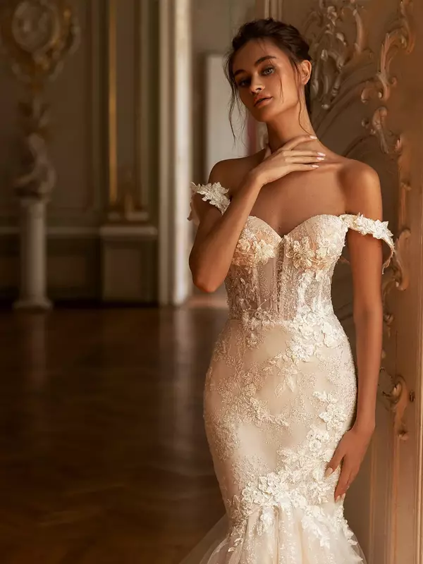 Vestido de novia de sirena con escote Corazón, mangas cortas de hombro, apliques florales brillantes en 3D, elegante, sexy, nuevo