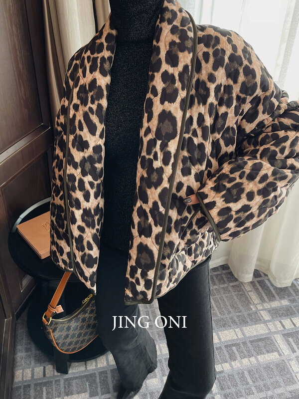 Leopard Short Padding Luxury Jacket Winter Woman Clothing Y2K Korean Fashion Style Vintage Outerwears Top Coat Elegant Parkas