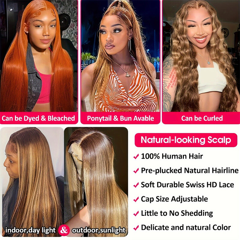 13x6 Bone Straight HD Lace Front Wig Human Hair Highlight Ombre Wig Brown Colored Honey Blonde For Women 13x4 Lace Frontal Wig