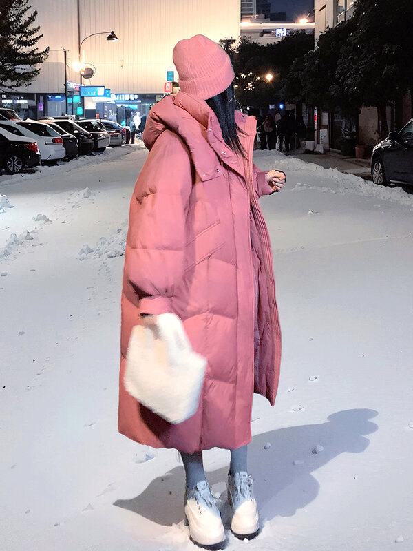 여성 핑크 다운 재킷, 롱 룩, 겨울