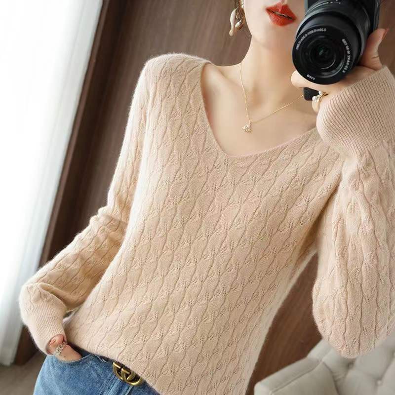 Suéter de punto con cuello en V para mujer, ropa de abrigo suelta, versátil, Occidental, coreano, otoño e invierno, 2023