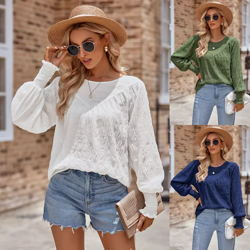 Women's Patchwork O-Neck Long Sleeve Blouse, Elegant Shirt, Casual, Monochromatic, All-match, Loose, Top