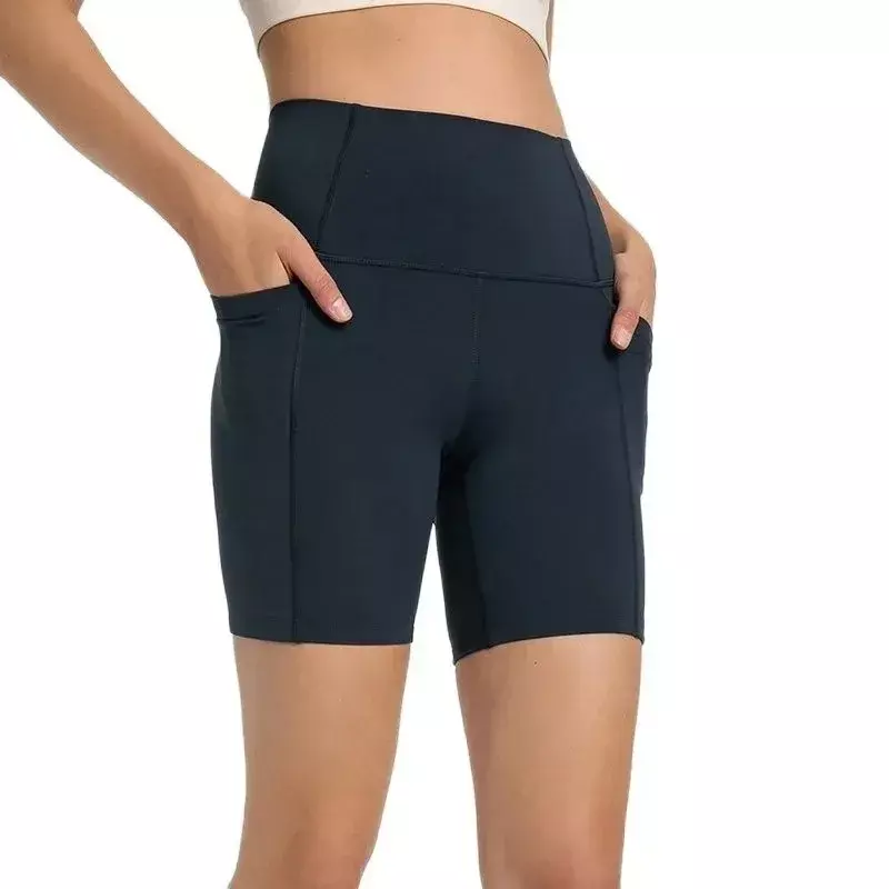 Lemon Biker Stretch High Taille Gym Yoga Shorts Frauen Bauch Kontrolle Fitness Athletic Workout Laufs horts mit Seiten tasche