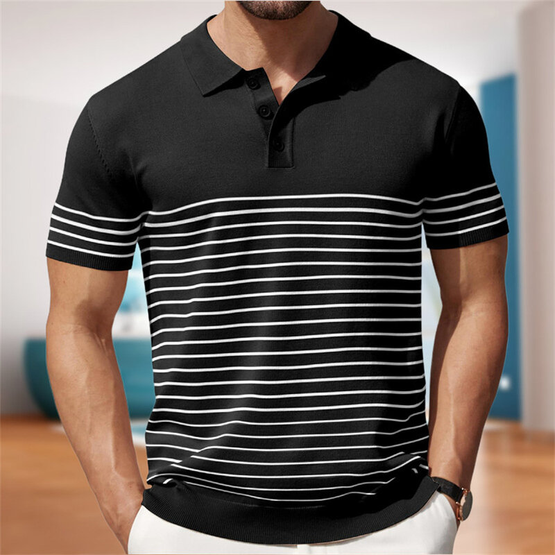 Striped Men's Polo Shirt Summer Knitted Short Sleeve T- Shirt Men Business Tops Casual Streetwear Fashion Patchwork Knitwear