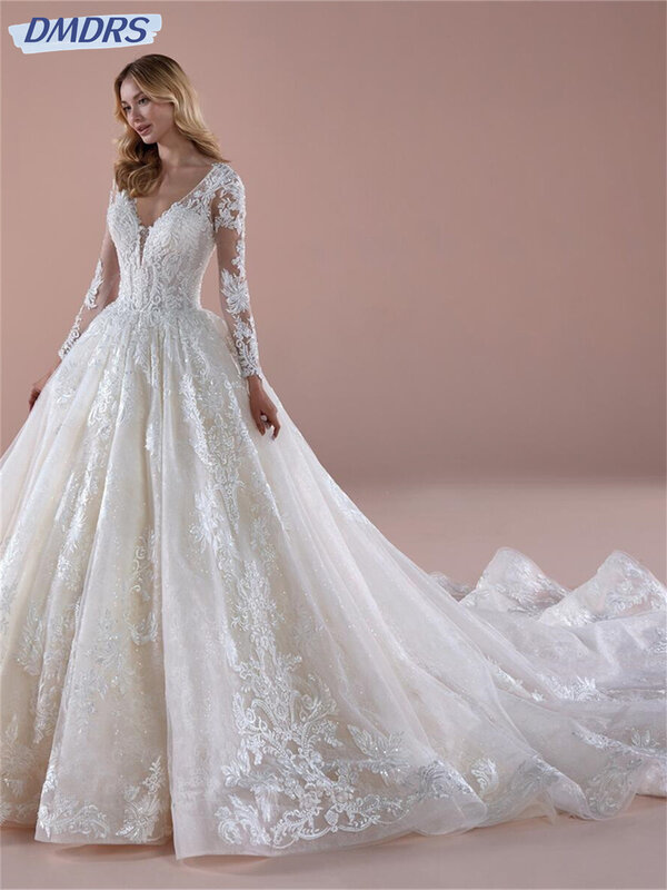 Seksowna suknia ślubna z dekoltem w serek 2024 klasyczna suknia ślubna z długimi rękawami dla kobiet elegancka koronka suknie panny młodej Vestidos De Novia