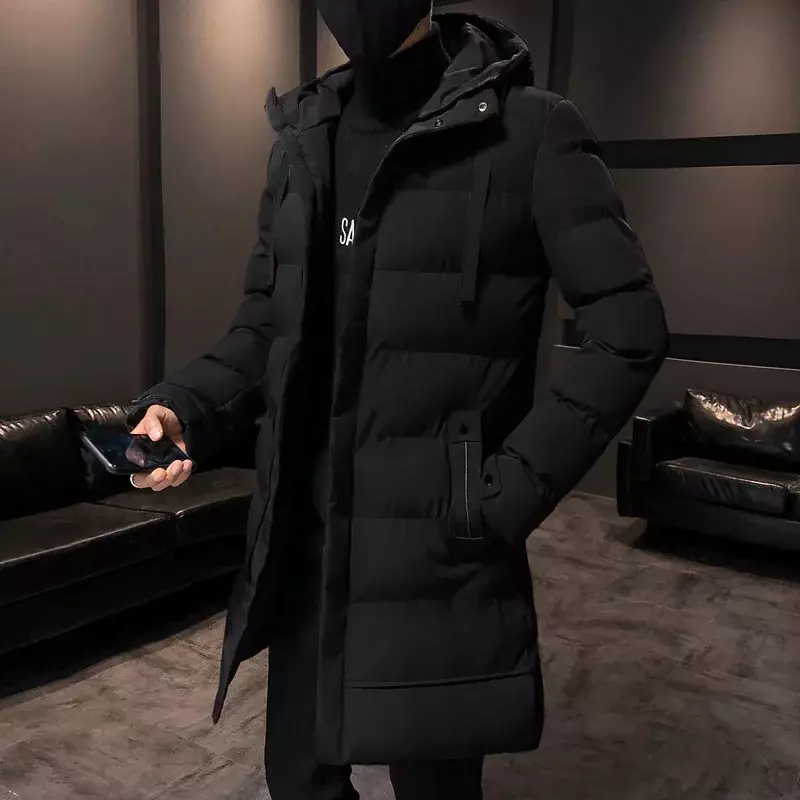 남성용 중간 길이 파카 재킷, 두껍고 따뜻한 바람막이 롱 패션, 모피 칼라 열 파카, 패딩 남성 의류, 겨울