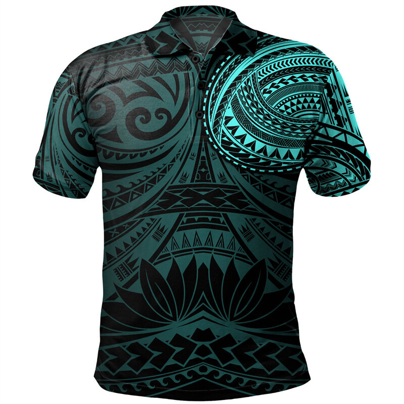 Polo estiva con motivo tribale polinesiano per uomo T-Shirt a maniche corte con stampa 3D T-Shirt con risvolto allentato con bottone da spiaggia hawaiano
