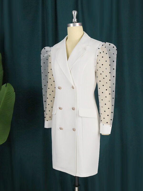 Gaun Blazer Putih Ukuran Besar, Gaun Mini Kancing Atas Leher V Tembus Pandang Lengan Panjang Pinggang Tinggi untuk Pesta Kantor Wanita
