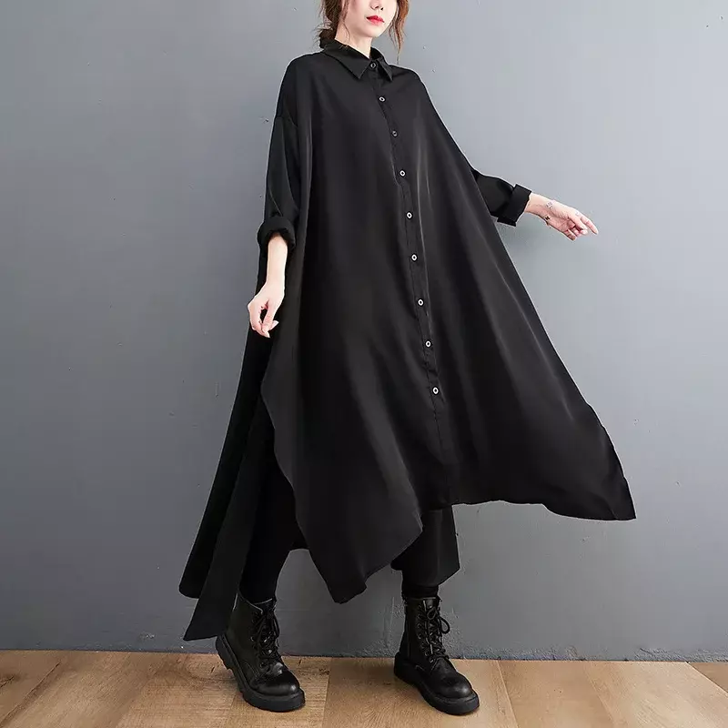 ชุดยาวดำเสื้อชุดเสื้อแขนยาวลำลองคอเสื้อโปโลผู้หญิงหลวมชุดเดรสผ้าชีฟองไม่สมมาตรผ่าสไตล์เกาหลี