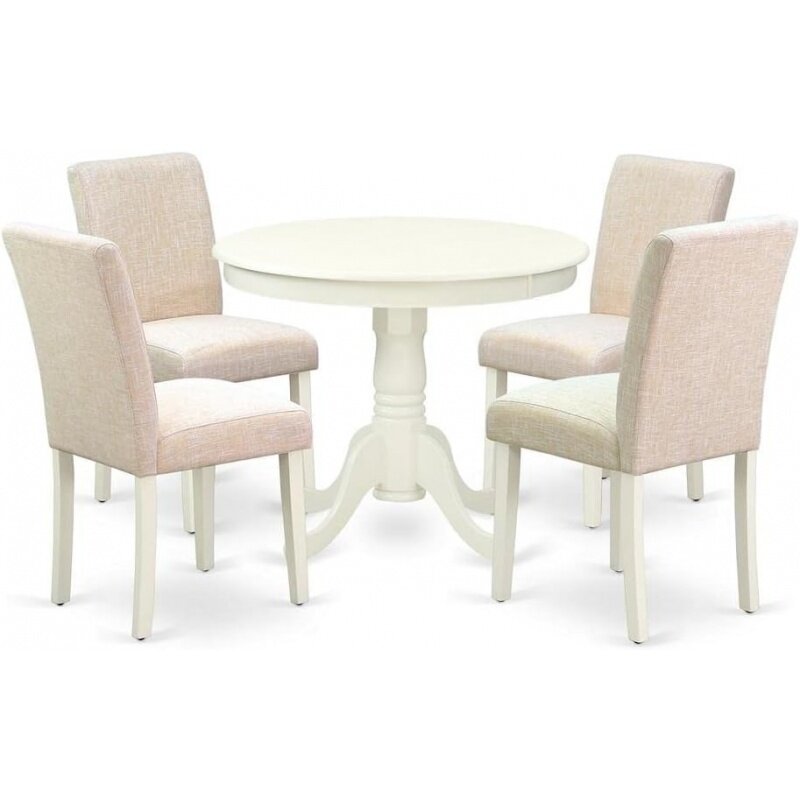 East West-ANAB5-LWH-02 de muebles antiguos, juego de comedor de 5 piezas para 4, incluye una mesa redonda de cocina con Pedestal y 4 de color Beige claro