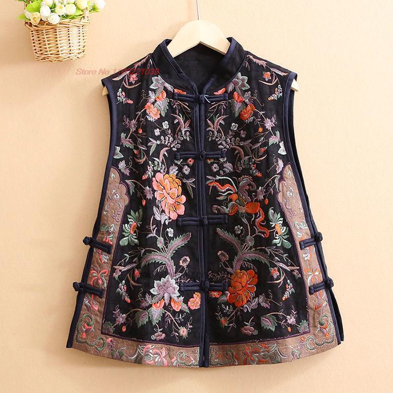 2024 traditional chinese women vintage elegant vest flower embroidery cotton linen vest women tops elegant oriental tang suit