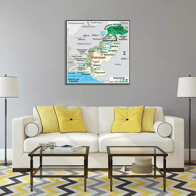 60*60cm The Map of Pakistan Wall Art Print Unframed Poster Canvas Painting for Living Room Home Decoration School Supplies