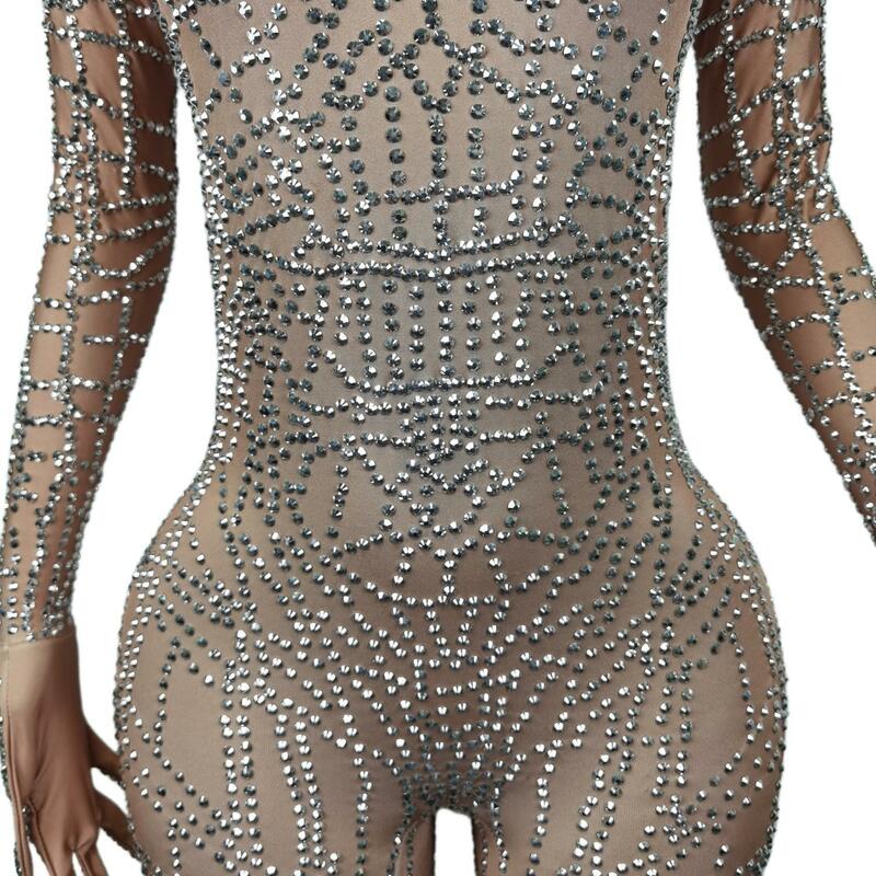 Silver Rhinestones Gloves Jumpsuit Luxury Stones Bodysuit Pants Birthday Celebrate Outfit Evening Sexy Dance Costumes Dianwang
