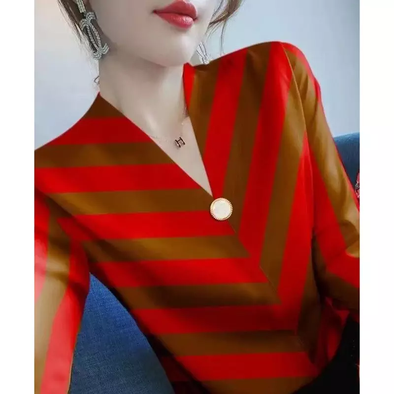Elegant V-Neck Button Striped Blouses Women's Clothing 2024 Autumn Winter Loose All-match Pullovers Office Lady Shirts E92