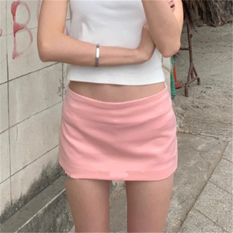 Saia feminina de cintura alta cetim com shorts, mini saias, roupa Y2K, rosa, Harajuku, moda coreana