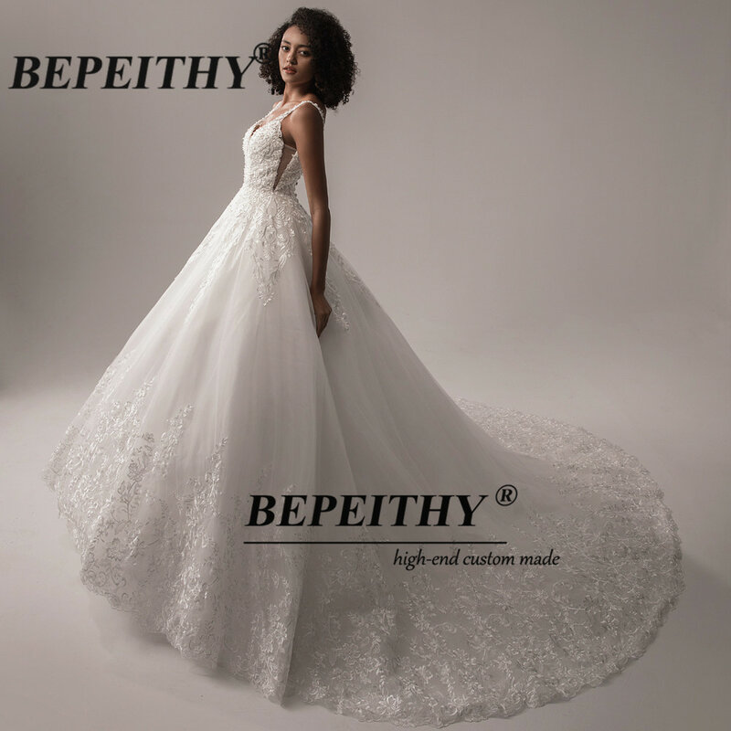 BEPEITHY Deep V Neck Lace Wedding Dress 2022 For Women Indian Bride Princess Ivory Bridal Bouquet Gown Sleeveless Court Train