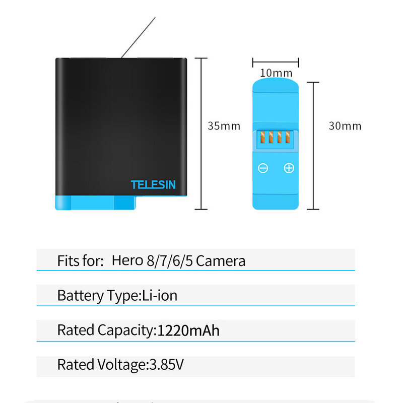 TELESIN-Caixa de armazenamento do carregador de bateria, 3 slots, 1220mAh, 3 slots, luz LED, tipo C cabo para GoPro Hero 5, 6, 7, 8, câmera preta