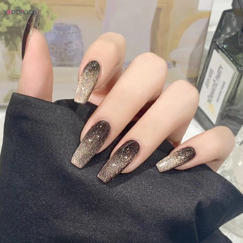 Long Coffin Press on Nails Glitter Cat's Eyes Fake Nails Full Cover Wearable False Nails Tips for Women Party Daily DIY Manicure