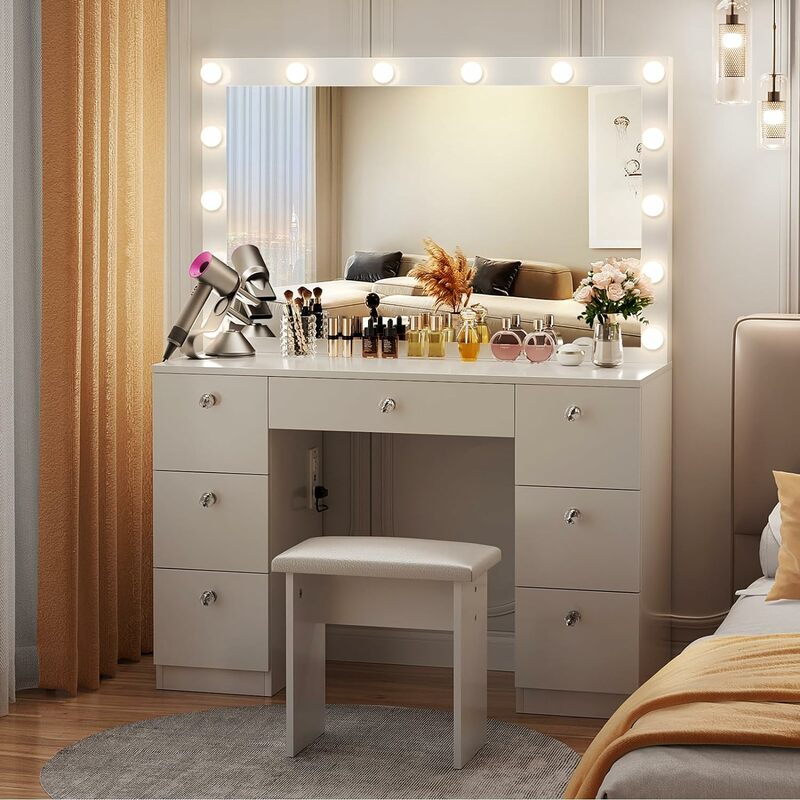 Próżność z podświetlonym lusterkiem-biurko do makijażu z lustrem, listwa sieciowa i szufladami, toaletka z kolorowym tryby oświetlenia