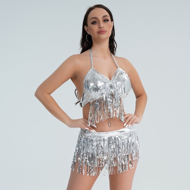 Belly Dance Dress Women's Sexy Sequins Tassels Nightclubs Samba Female Suit Top Skirt Chacha Pole Dancewear