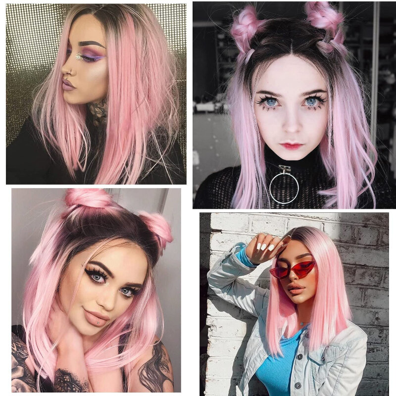 Ombre Pink Long Straight Synthetic Lace Front Wig for Women Hairs Glueless Heat Resistant Fibre Hair Wigs for Daily Cosplay Use