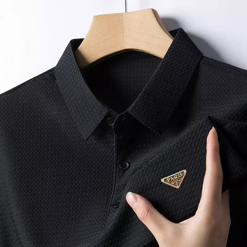 Camisa polo respirável masculina, negócio, lazer, elegante, minimalista, cor sólida, versátil, slim fit, manga curta