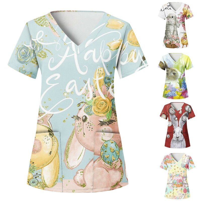 Happy Easter Atasan Scrub Wanita Kaus Cetak Paskah Kerah V Lengan Pendek dengan Desain Kantong Kerut Gratis Blus Menyusui Lembut